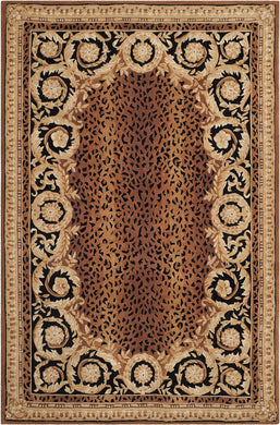 Hand-tufted rug with a brown and beige leopard design center and an intricate floral border. Available in rectangular and round shapes.