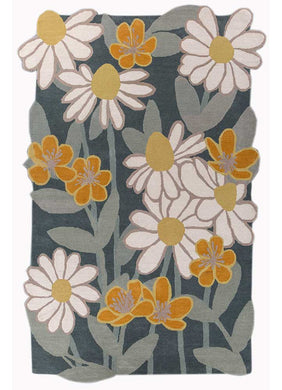 Hand tufted rug with an uneven shape, featuring a floral design with white and yellow flowers and green leaves on a blue-gray background. Made from 100% New Zealand wool Size 8x11