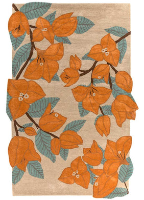 Hand-tufted rug with an uneven rectangular shape, featuring a floral design with bold orange flowers and green leaves on a beige background. Made from 100% New Zealand wool. Measures 6x9