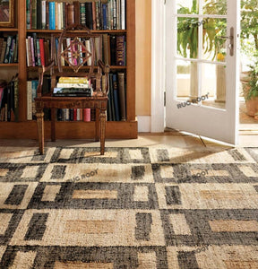 Handwoven Jute & Wool Rug with Geometric Checkered Pattern - Natural & Black