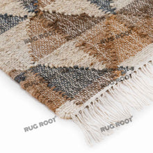 Load image into Gallery viewer, Handwoven Wool &amp; Jute Rug with Geometric Triangle Pattern - Earthy Tones
