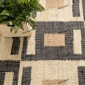 Handwoven Jute & Wool Rug with Geometric Checkered Pattern - Natural & Black