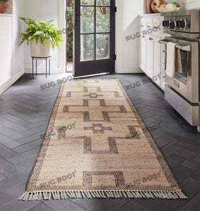 Handwoven Jute & Wool Rug with Geometric Cross Pattern - Natural & Beige