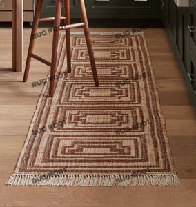 Handwoven Wool Rug with Terracotta & Beige Geometric Border Design