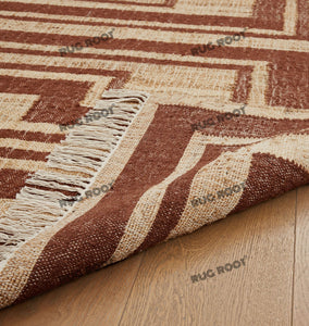 Handwoven Wool Rug with Terracotta & Beige Geometric Border Design