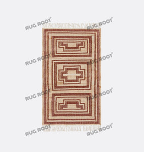 Handwoven Wool Rug with Terracotta & Beige Geometric Border Design