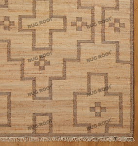 Handwoven Jute & Wool Rug with Geometric Cross Pattern - Natural & Beige