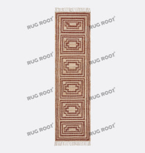 Handwoven Wool Rug with Terracotta & Beige Geometric Border Design