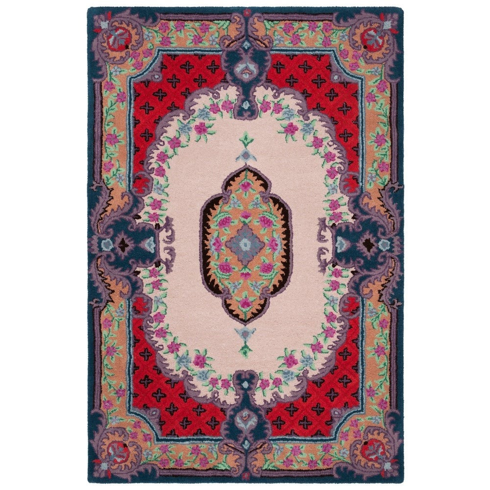 Vintage Hand Tufted Rug Medallion Floral Red and Beige Design – 9x12 | RUG ROOT 