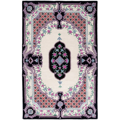 Vintage Hand Tufted Rug Medallion Floral Black and Purple Design – 9x12 | RUG ROOT