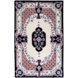 Vintage Hand Tufted Rug Medallion Floral Black and Purple Design – 9x12 | RUG ROOT