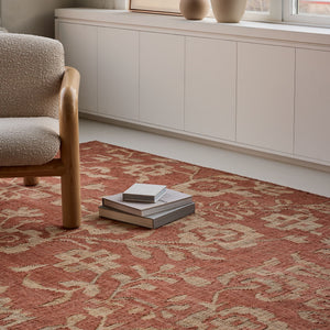 Terracotta Floral Handwoven Rug, Earthy Tones with Cream Pattern, Botanical Design, Perfect for Living Room & Bedroom