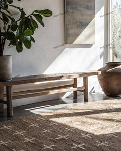 Beige Handwoven Rug with Subtle Geometric Cross Pattern, Minimalist Design for Living Room & Bedroom