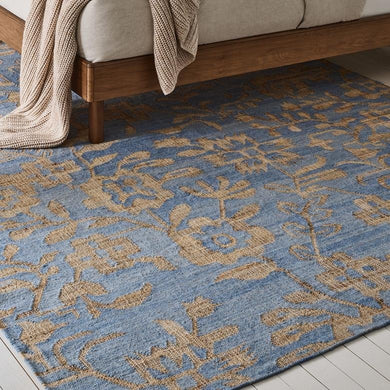 Handwoven Jute & Wool Flatweave Rug with a floral design in soft blue and beige, ideal for living rooms, bedrooms, and entryways