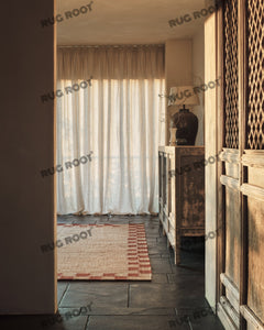 Natural Jute Handwoven Rug with Burgundy Checkerboard Border, Rustic Elegance for Living Room & Bedroom