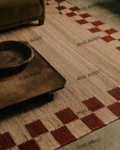 Natural Jute Handwoven Rug with Burgundy Checkerboard Border, Rustic Elegance for Living Room & Bedroom