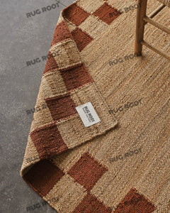 Natural Jute Handwoven Rug with Burgundy Checkerboard Border, Rustic Elegance for Living Room & Bedroom