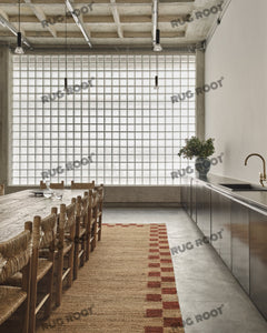 Natural Jute Handwoven Rug with Burgundy Checkerboard Border, Rustic Elegance for Living Room & Bedroom