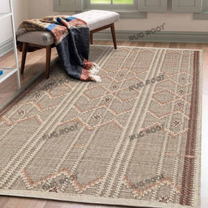 Handwoven Jute & Wool Rug with Geometric Diamond Panel Design - Beige & Terracotta