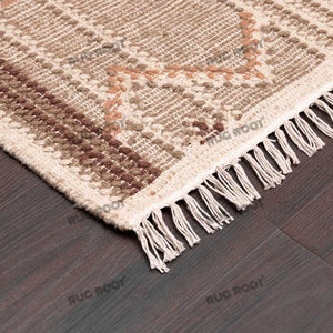 Handwoven Jute & Wool Rug with Geometric Diamond Panel Design - Beige & Terracotta