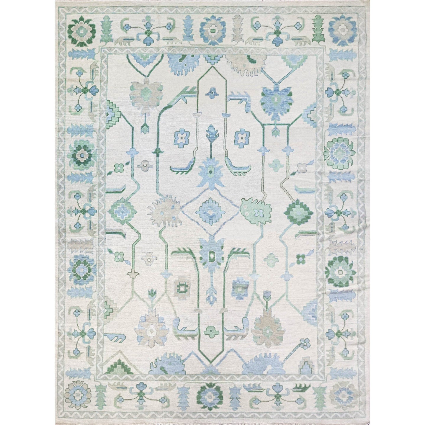 Oceanic Serenity Hand Knotted Oushak Rugs Seafoam and Off White Wool Carpet For Drawing Room