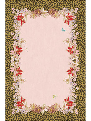 Hand-tufted rug with a leopard print border, red and pink floral design, and a soft pink center. Made from 100% New Zealand wool and fine viscose size 8x10