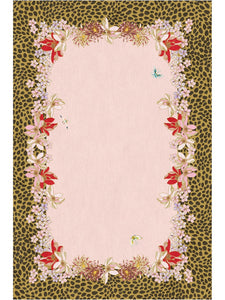 Hand-tufted rug with a leopard print border, red and pink floral design, and a soft pink center. Made from 100% New Zealand wool and fine viscose size 8x10