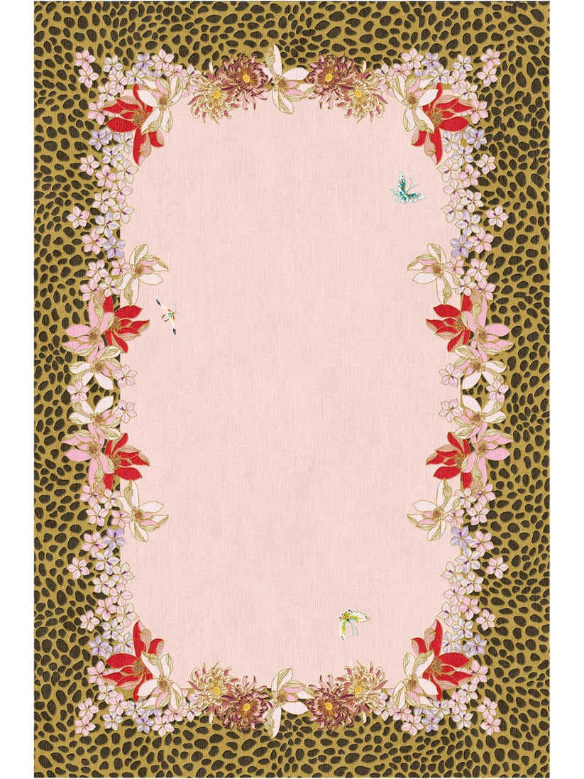 Hand-tufted rug with a leopard print border, red and pink floral design, and a soft pink center. Made from 100% New Zealand wool and fine viscose size 8x10