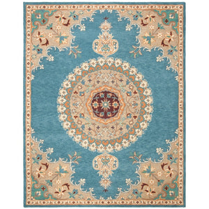 Vintage Hand Tufted Rug with Medallion Floral Design in Teal Color - 9x12