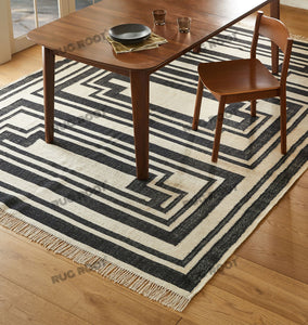 Handwoven Wool Rug with Bold Geometric Border Design - Black & White