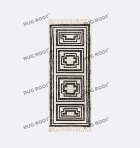 Handwoven Wool Rug with Bold Geometric Border Design - Black & White