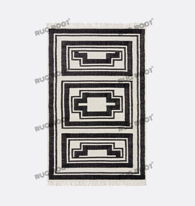 Handwoven Wool Rug with Bold Geometric Border Design - Black & White