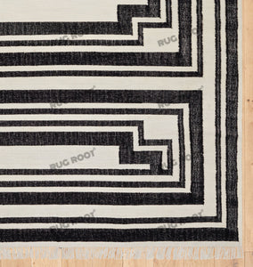 Handwoven Wool Rug with Bold Geometric Border Design - Black & White