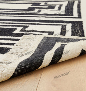 Handwoven Wool Rug with Bold Geometric Border Design - Black & White