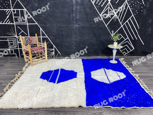 Handcrafted Moroccan Serenity | Unique Blue and White Berber Rug for Bohemian Spaces