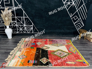 Unique Moroccan Azilal Rug | Vintage Wool with Colorful Geometric Art