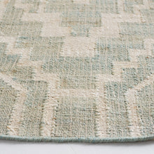 Load image into Gallery viewer, Handwoven Jute &amp; Wool Rug with Geometric Pattern in Light Blue &amp; Ivory – Flatweave
