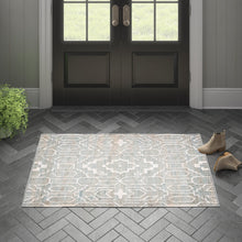 Load image into Gallery viewer, Handwoven Jute &amp; Wool Rug with Geometric Pattern in Light Blue &amp; Ivory – Flatweave
