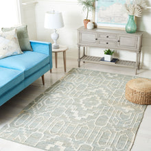 Load image into Gallery viewer, Handwoven Jute &amp; Wool Rug with Geometric Pattern in Light Blue &amp; Ivory – Flatweave
