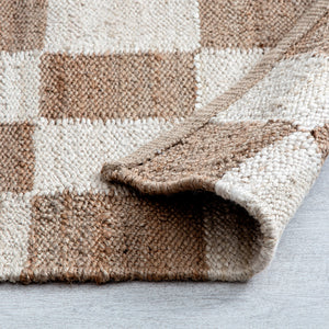 Handwoven Jute & Wool Rug with Checkerboard Pattern in Natural & Brown – Flatweave