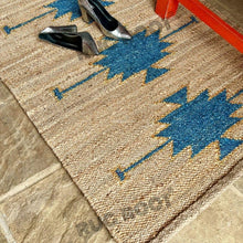 Load image into Gallery viewer, Handwoven Jute &amp; Wool Rug with Teal Tribal Motif – Natural Flatweave Runner
