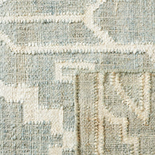 Load image into Gallery viewer, Handwoven Jute &amp; Wool Rug with Geometric Pattern in Light Blue &amp; Ivory – Flatweave
