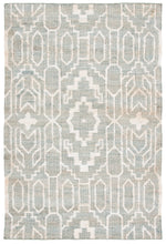 Load image into Gallery viewer, Handwoven Jute &amp; Wool Rug with Geometric Pattern in Light Blue &amp; Ivory – Flatweave
