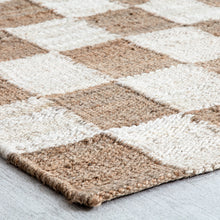 Load image into Gallery viewer, Handwoven Jute &amp; Wool Rug with Checkerboard Pattern in Natural &amp; Brown – Flatweave
