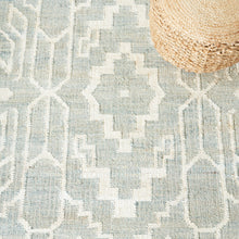 Load image into Gallery viewer, Handwoven Jute &amp; Wool Rug with Geometric Pattern in Light Blue &amp; Ivory – Flatweave
