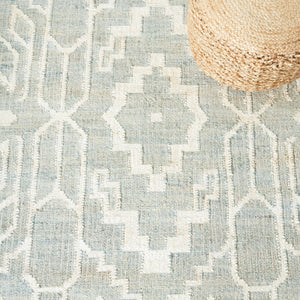 Handwoven Jute & Wool Rug with Geometric Pattern in Light Blue & Ivory – Flatweave