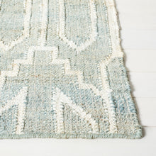 Load image into Gallery viewer, Handwoven Jute &amp; Wool Rug with Geometric Pattern in Light Blue &amp; Ivory – Flatweave
