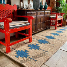 Load image into Gallery viewer, Handwoven Jute &amp; Wool Rug with Teal Tribal Motif – Natural Flatweave Runner
