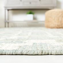 Load image into Gallery viewer, Handwoven Jute &amp; Wool Rug with Geometric Pattern in Light Blue &amp; Ivory – Flatweave
