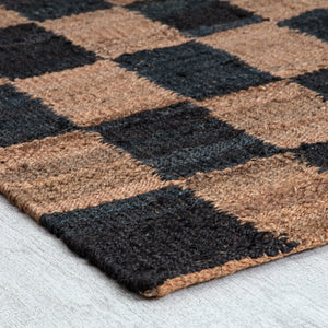 Handwoven Jute & Wool Rug with Checkerboard Pattern in Black & Brown – Flatweave